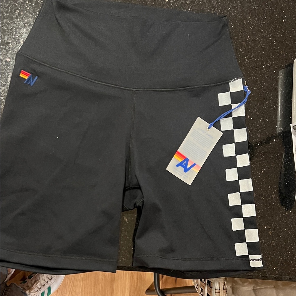 Aviator Nation Black Bike Shorts with Checkered Detail